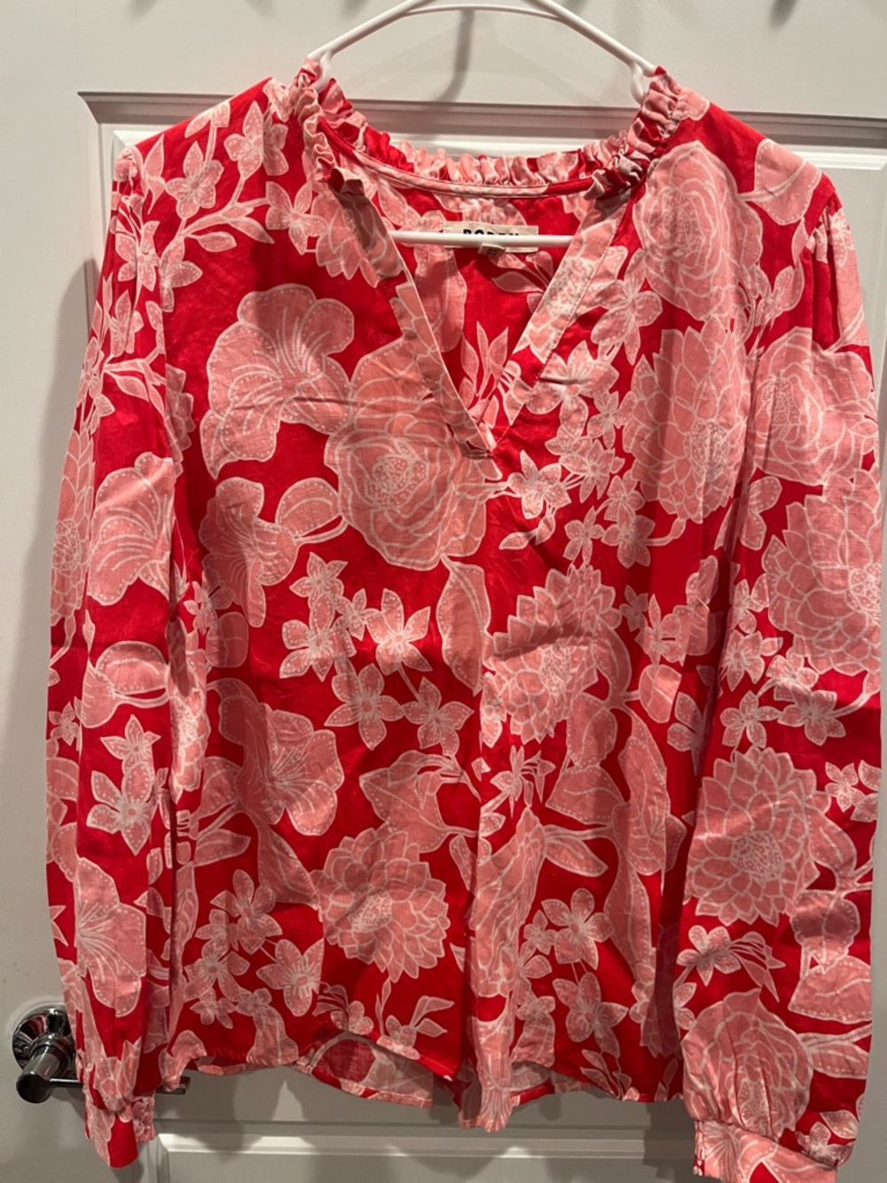 Boden Linen Red Floral Split-Neck Blouse